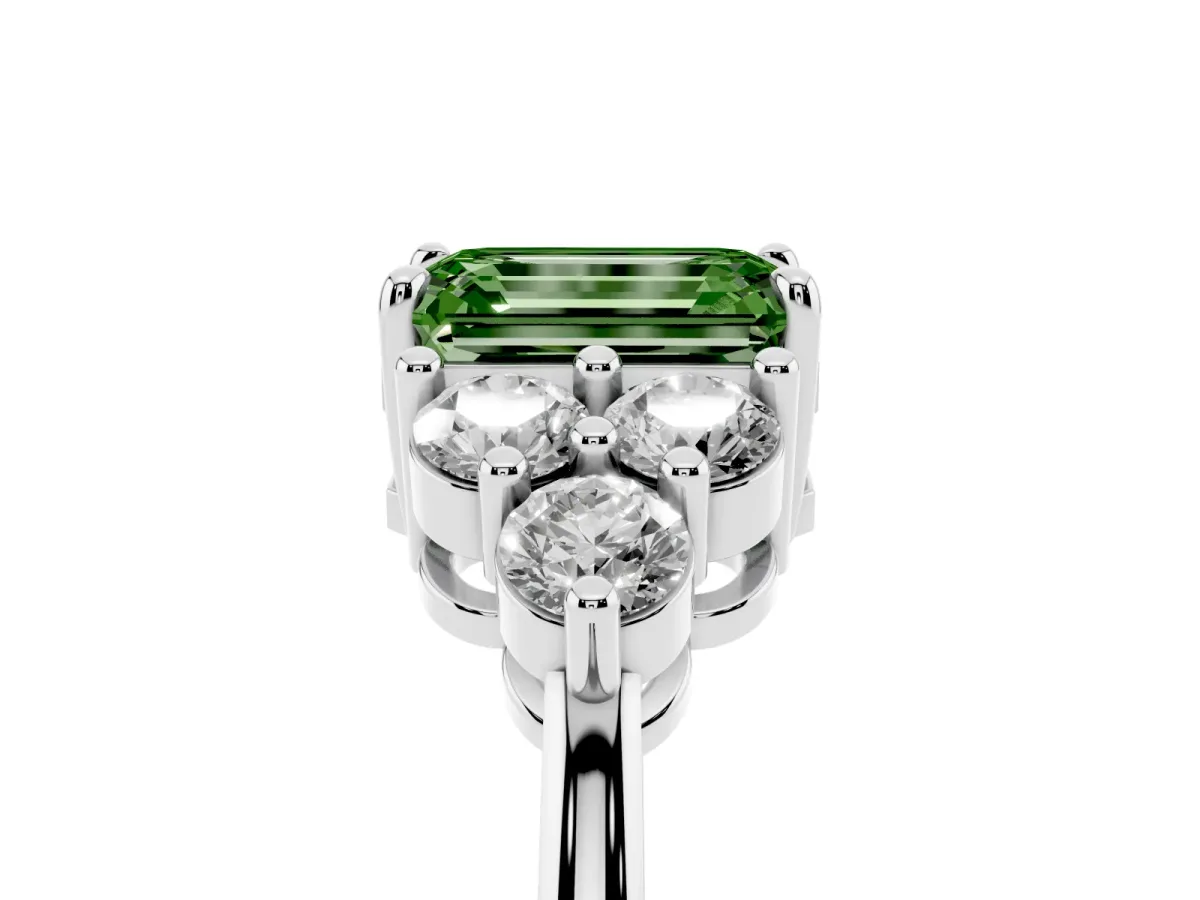 Fancy Green Emerald Cut Brilliant Diamond Cluster Accent Solitaire Ring with Prong Setting Platinum