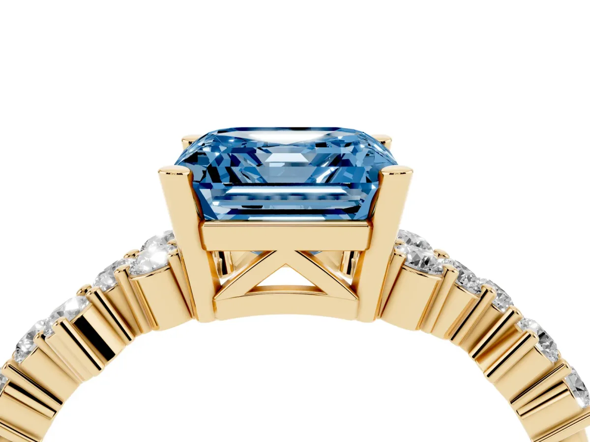Fancy Blue Asscher Cut Diamond Scattered Round Accent Ring with Prong Setting Yellow gold