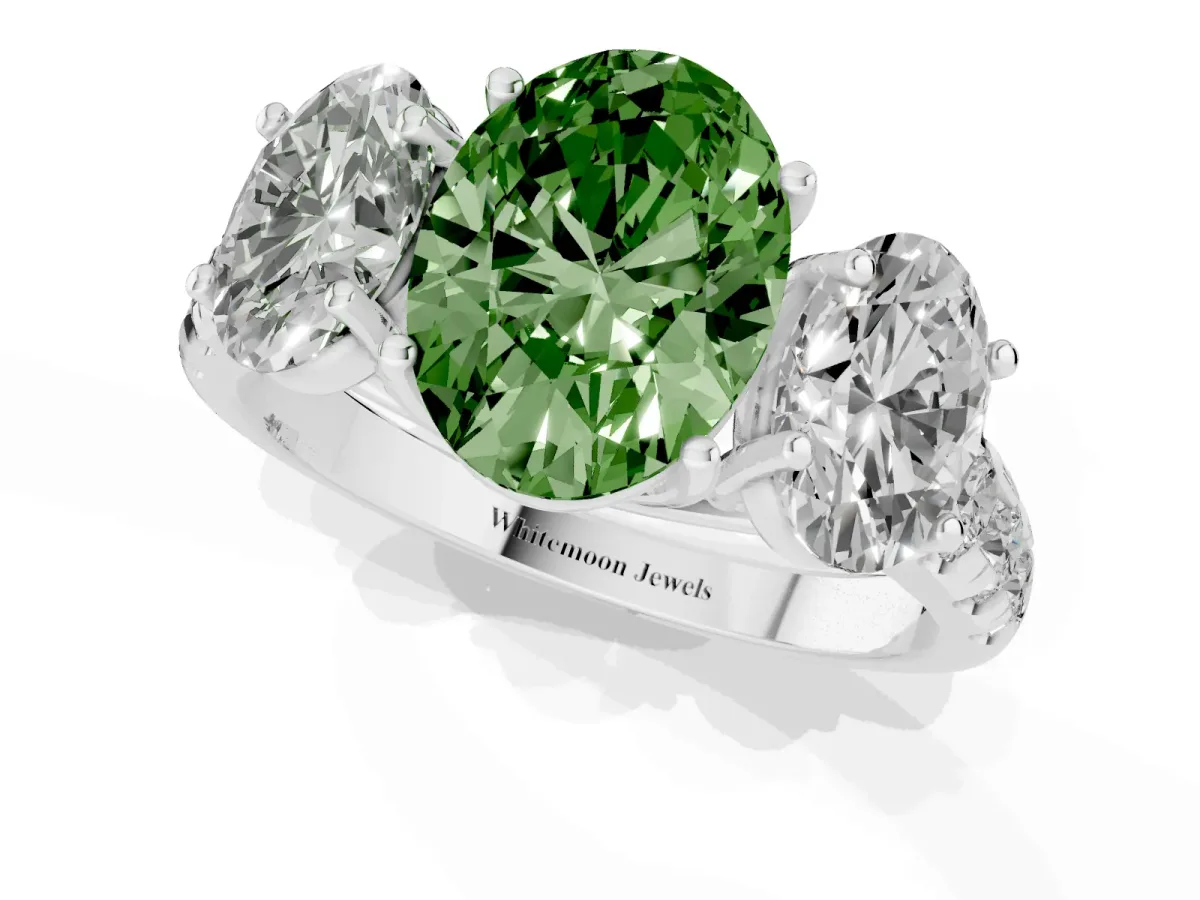 Fancy Green Three-Stone Oval Cut Diamond Pavé Band with Prong Setting Silver