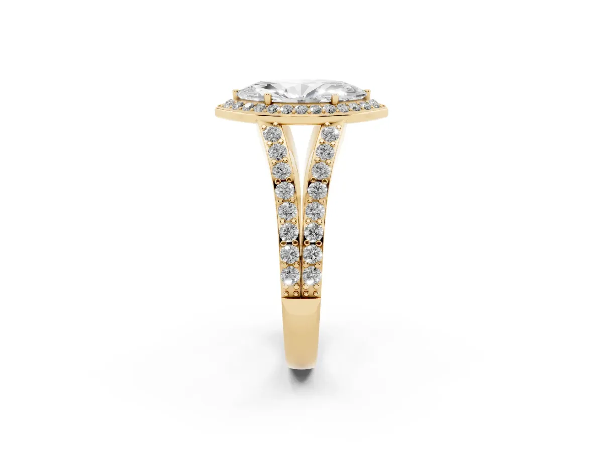 Marquise Cut Diamond Split Shank Halo Ring with Four-Prong Setting Yellow gold