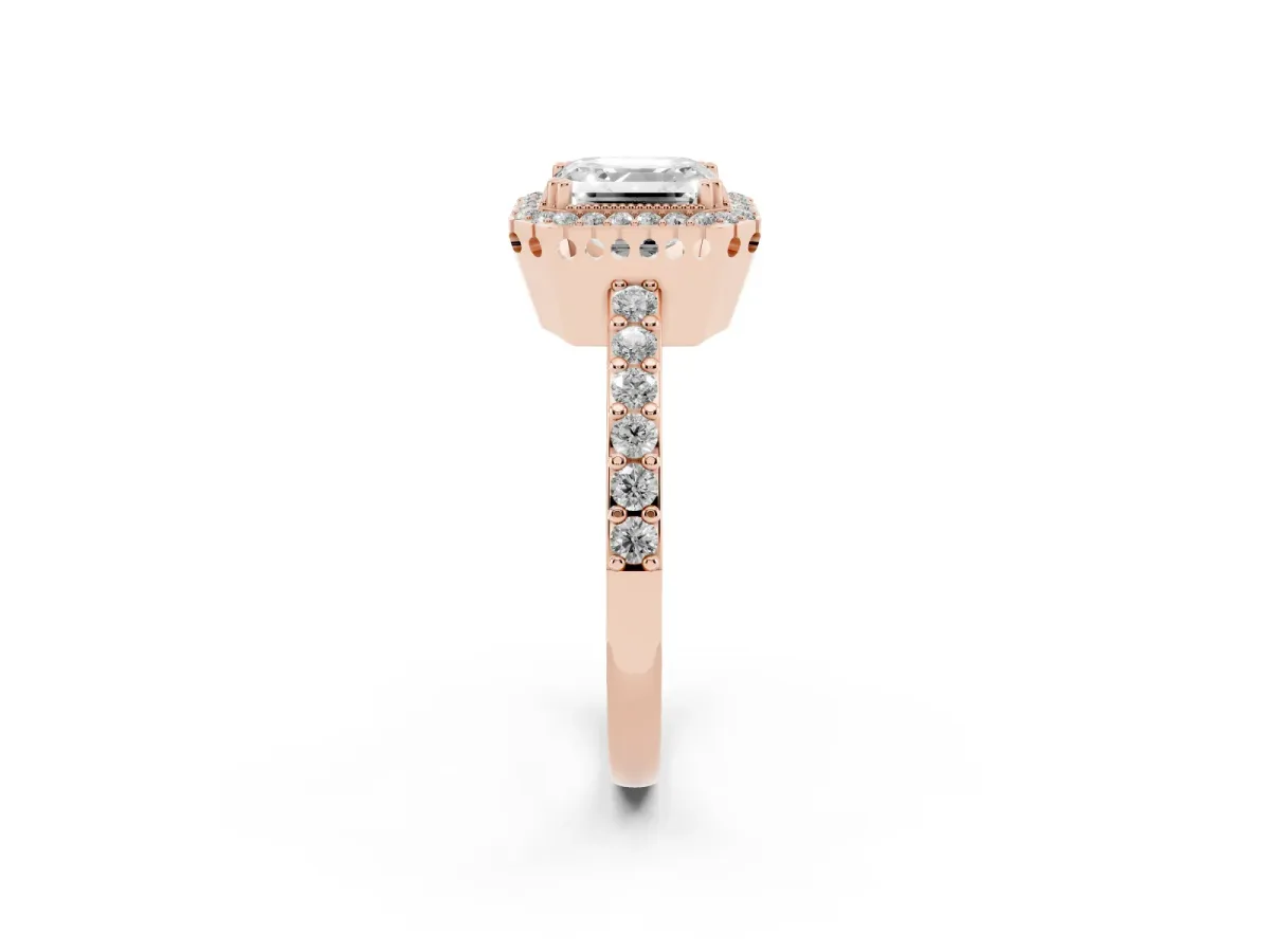 Asscher Cut Cut Diamond Halo Engagement Ring with Milgrain Detail and Pavé Band Rose gold