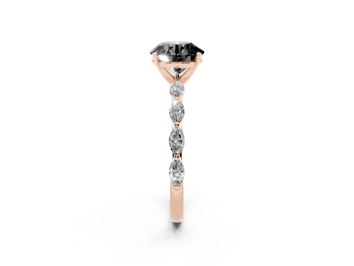 Fancy Black Round Cut Diamond Ring with Marquise Side Stones and Prong Setting Rose gold