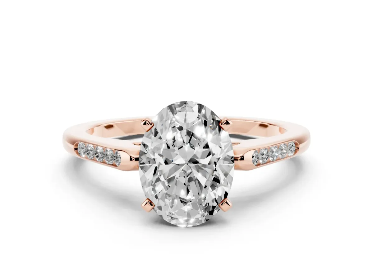 Oval Cut Diamond Solitaire Ring with Channel Set Round Band and Prong Setting Rose gold