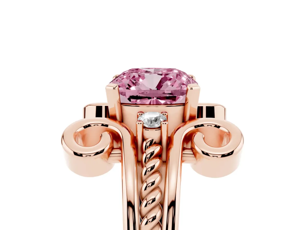 Fancy Pink Cushion Cut Solitaire Twisted Band Scroll Prong Ring Rose gold