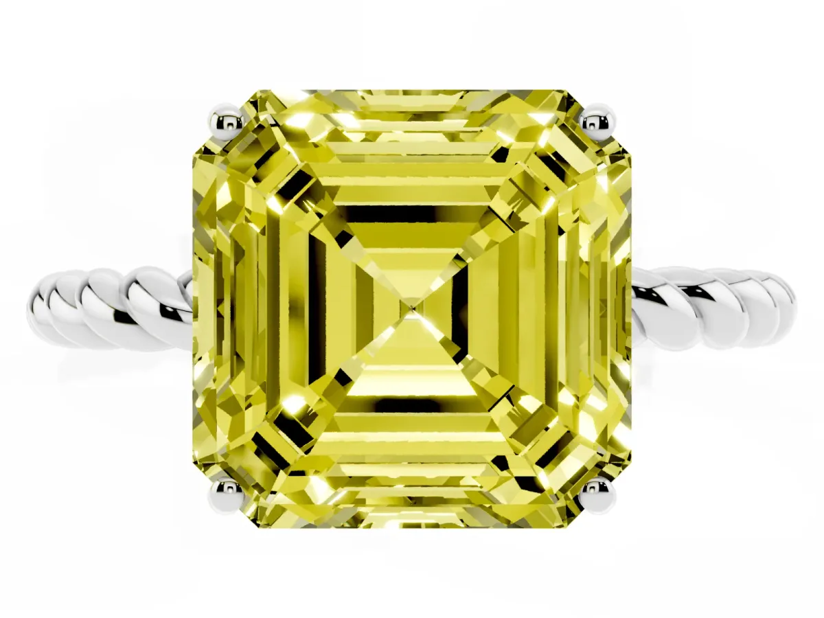 Fancy Yellow Asscher Cut Solitaire Twisted Band 4-Prong Ring White gold