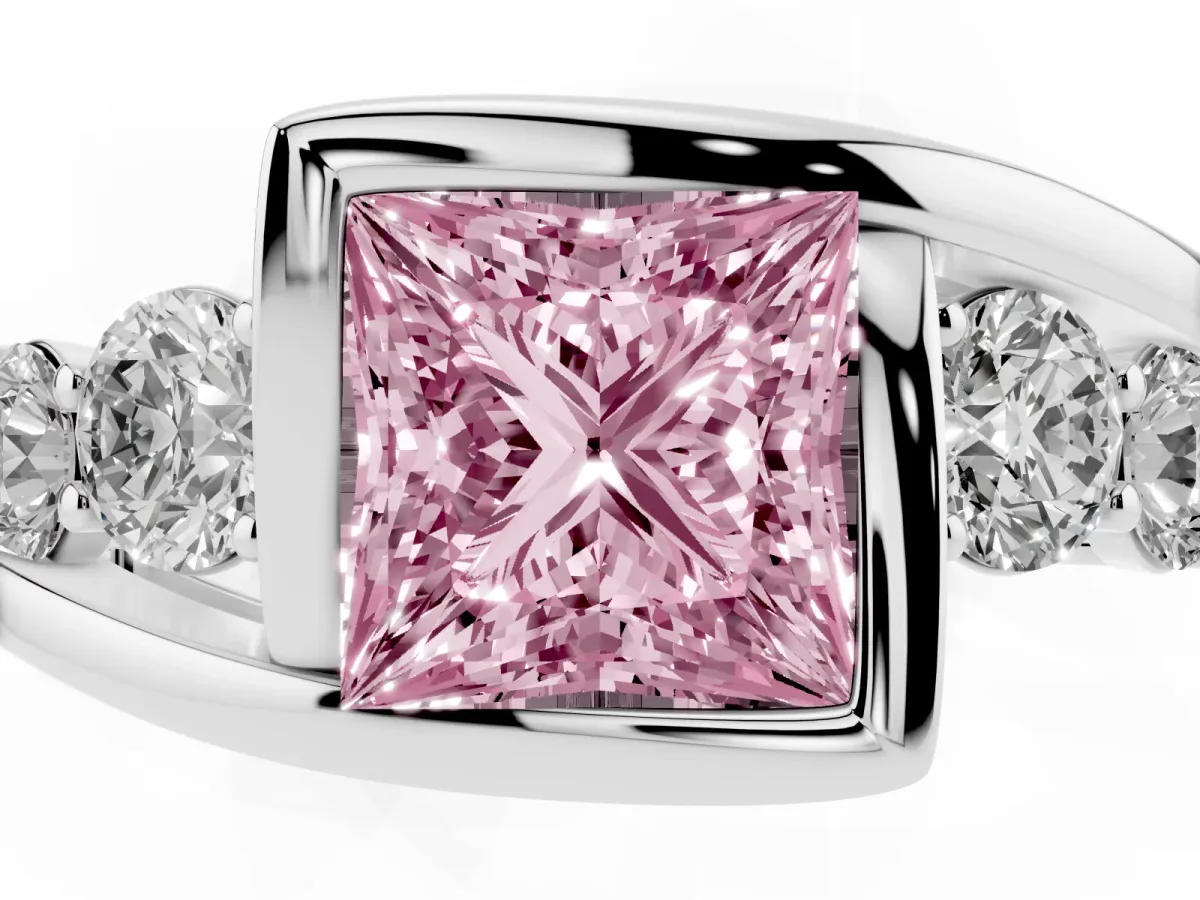 Fancy Pink Bezel Set Princess Cut Diamond Bypass Ring with Round Accents Silver