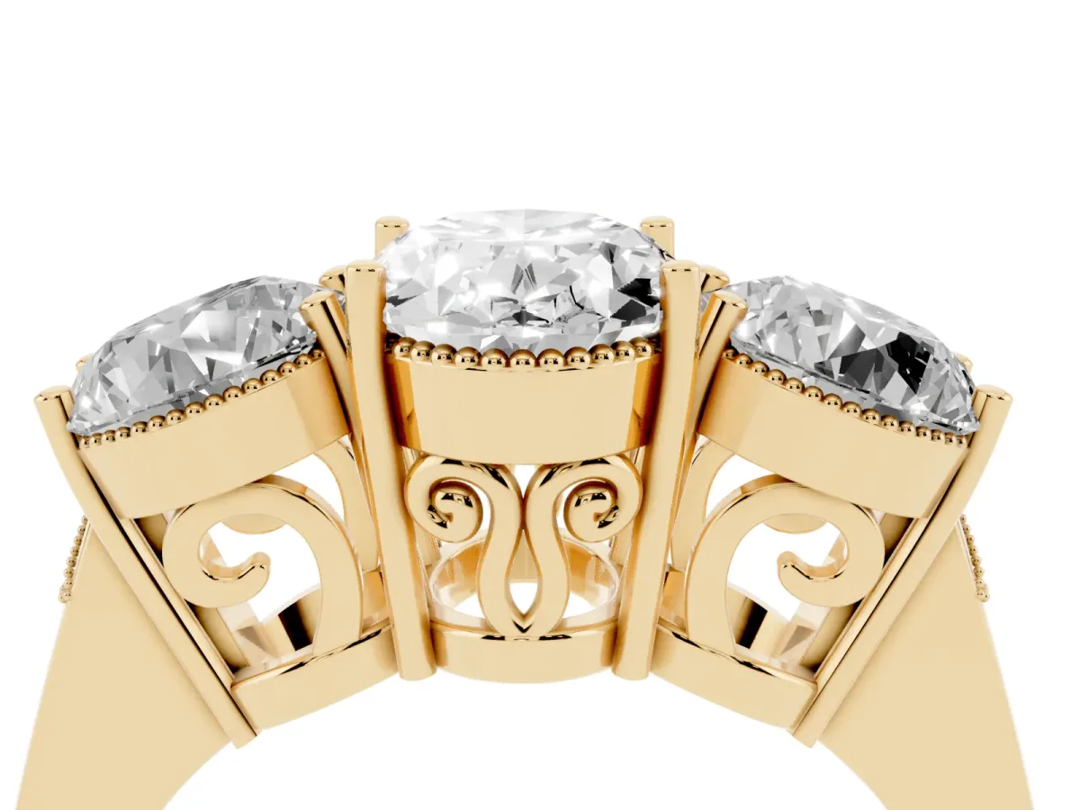 Three-Stone Oval Cut Diamond Engagement Ring with Prong Setting on a Classic Band Yellow gold