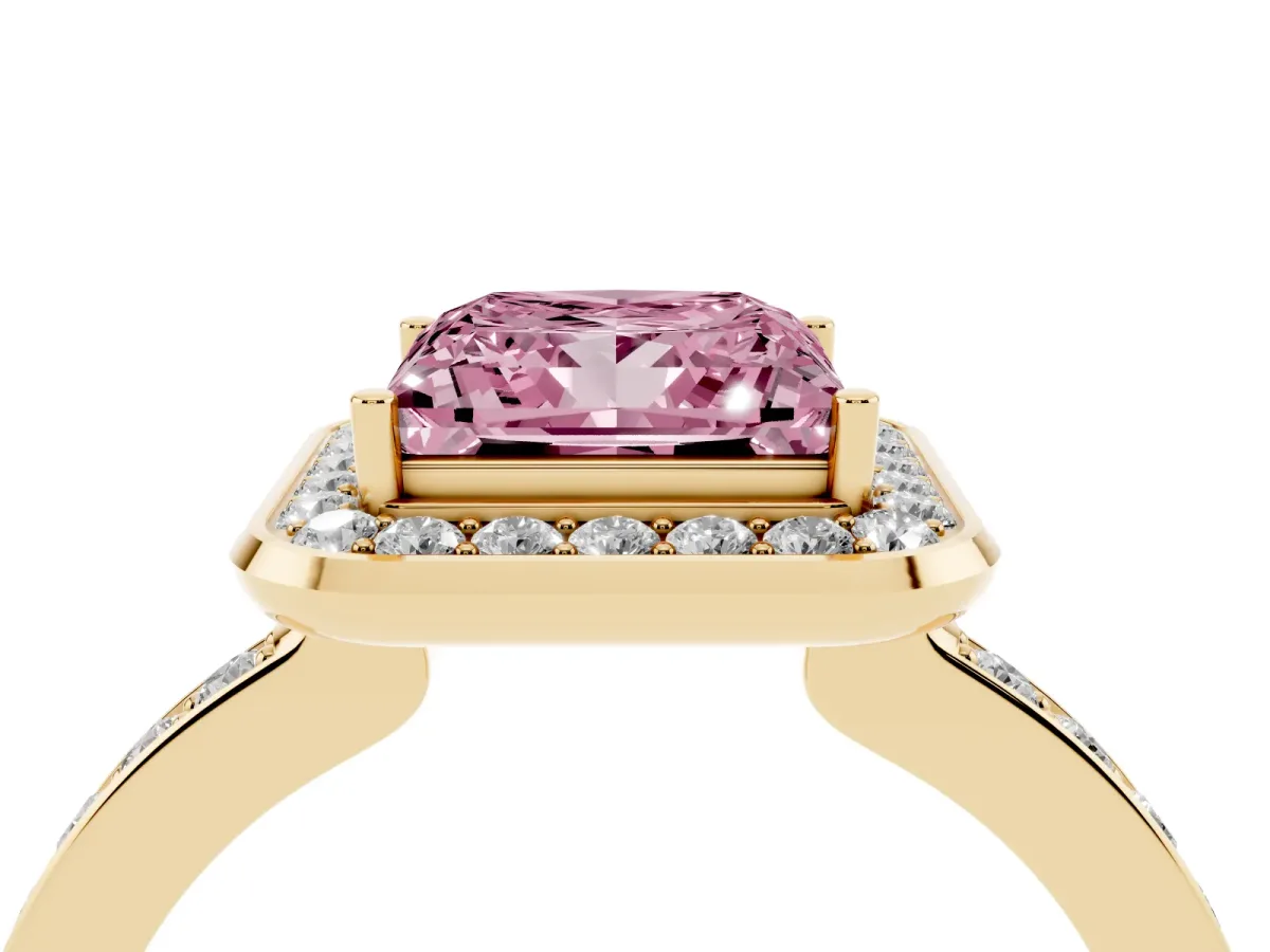 Fancy Pink Princess Cut Diamond Halo Ring with Bezel Frame and Pavé Band Yellow gold