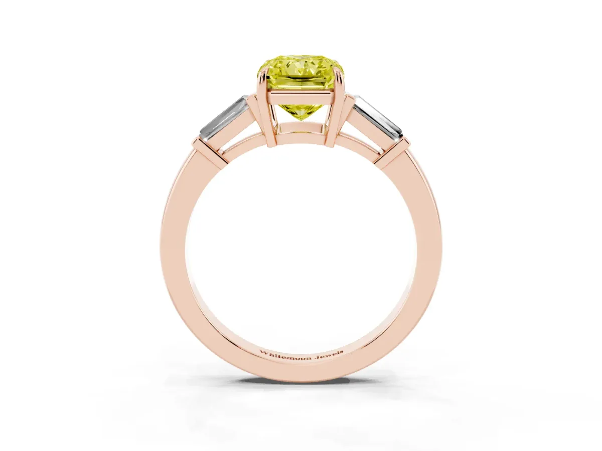 Fancy Yellow Radiant Cut Diamond Three-Stone Ring with Tapered Baguette Side Stones and Prong Setting Rose gold