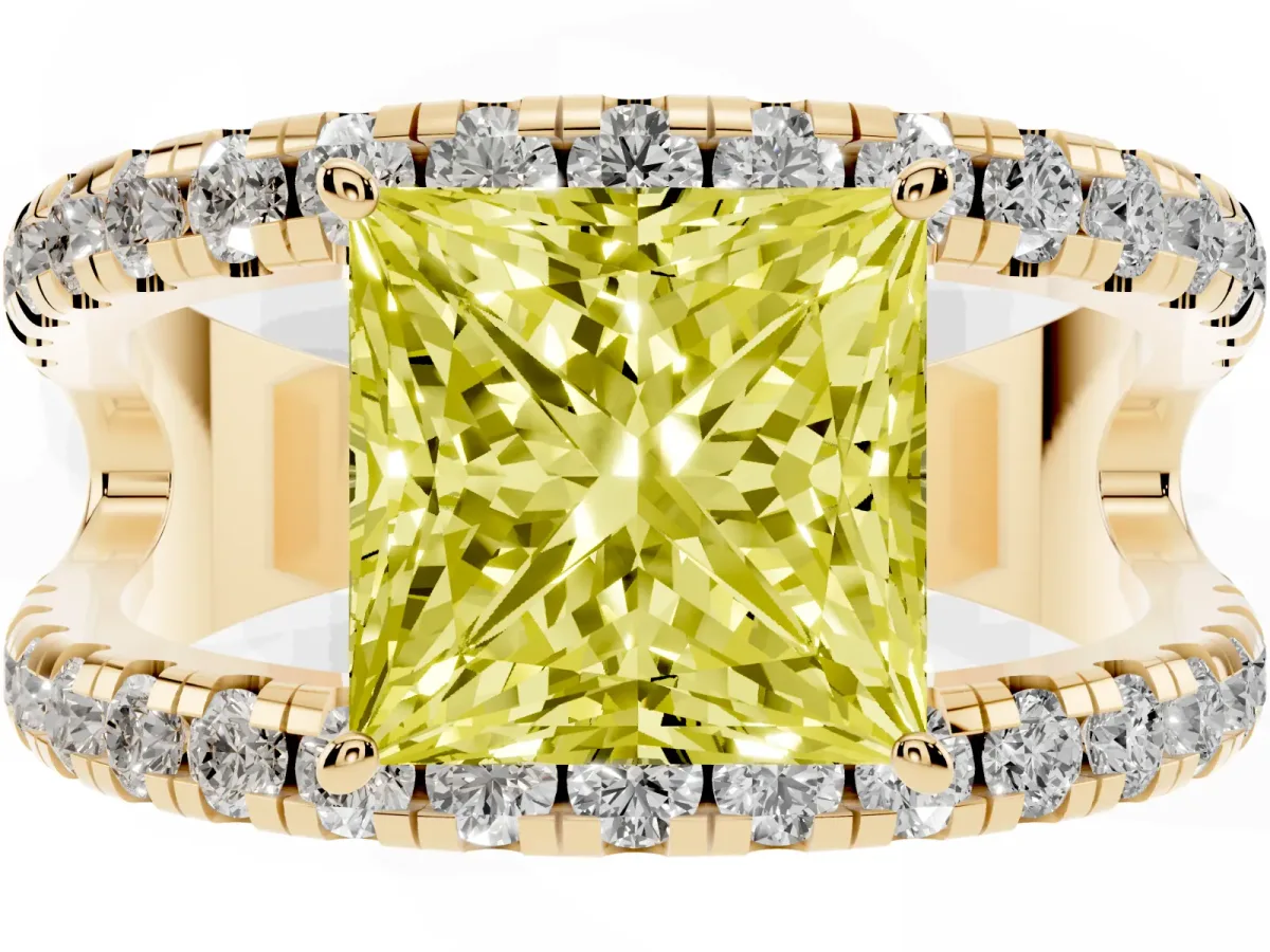 Fancy Yellow Princess Cut Solitaire Split Shank Pave Diamond Ring Yellow gold