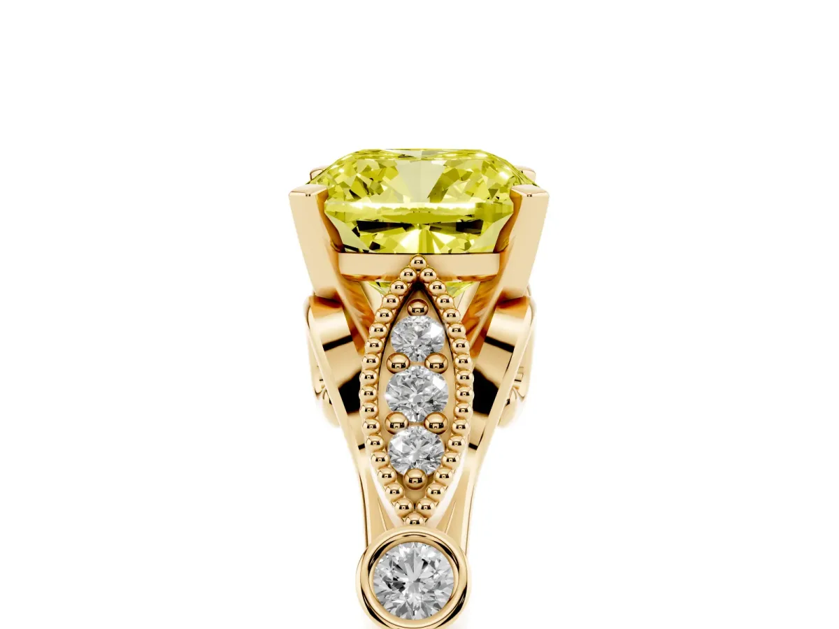 Fancy Yellow Cushion Cut Cut Diamond with Milgrain Marquise and Bezel Accents on a Solitaire Band with Prong Setting Yellow gold