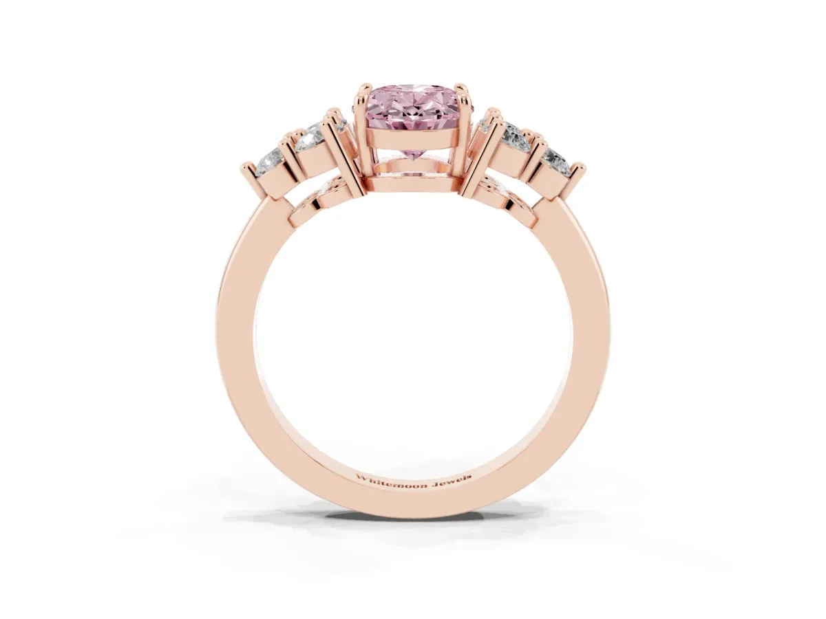 Fancy Pink Oval Cut Brilliant Diamond Cluster Accent Solitaire Ring with Prong Setting Rose gold