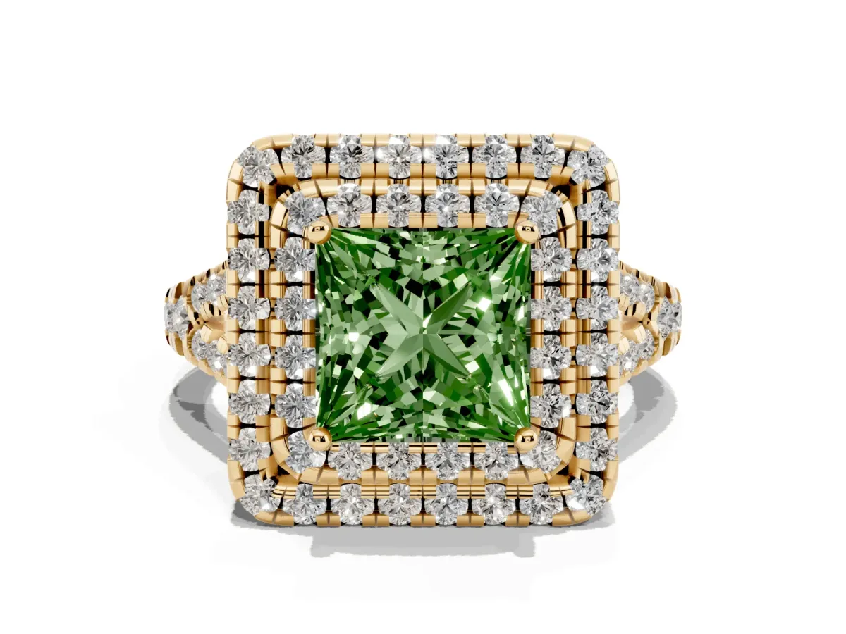 Fancy Green Double Halo Princess Cut Diamond Pavé Split Shank Ring with Prong Setting Yellow gold