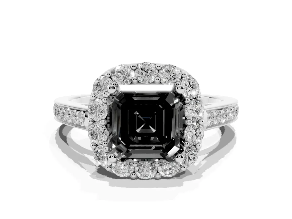 Fancy Black Asscher Cut Diamond Floral Halo Ring with Pavé Band and Prong Setting Platinum