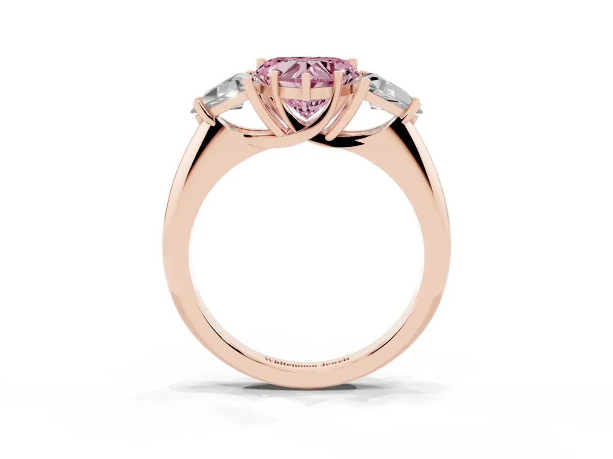 Fancy Pink Three-Stone Heart Cut Diamond Engagement Ring with Trillion Side Stones and Prong Setting Rose gold
