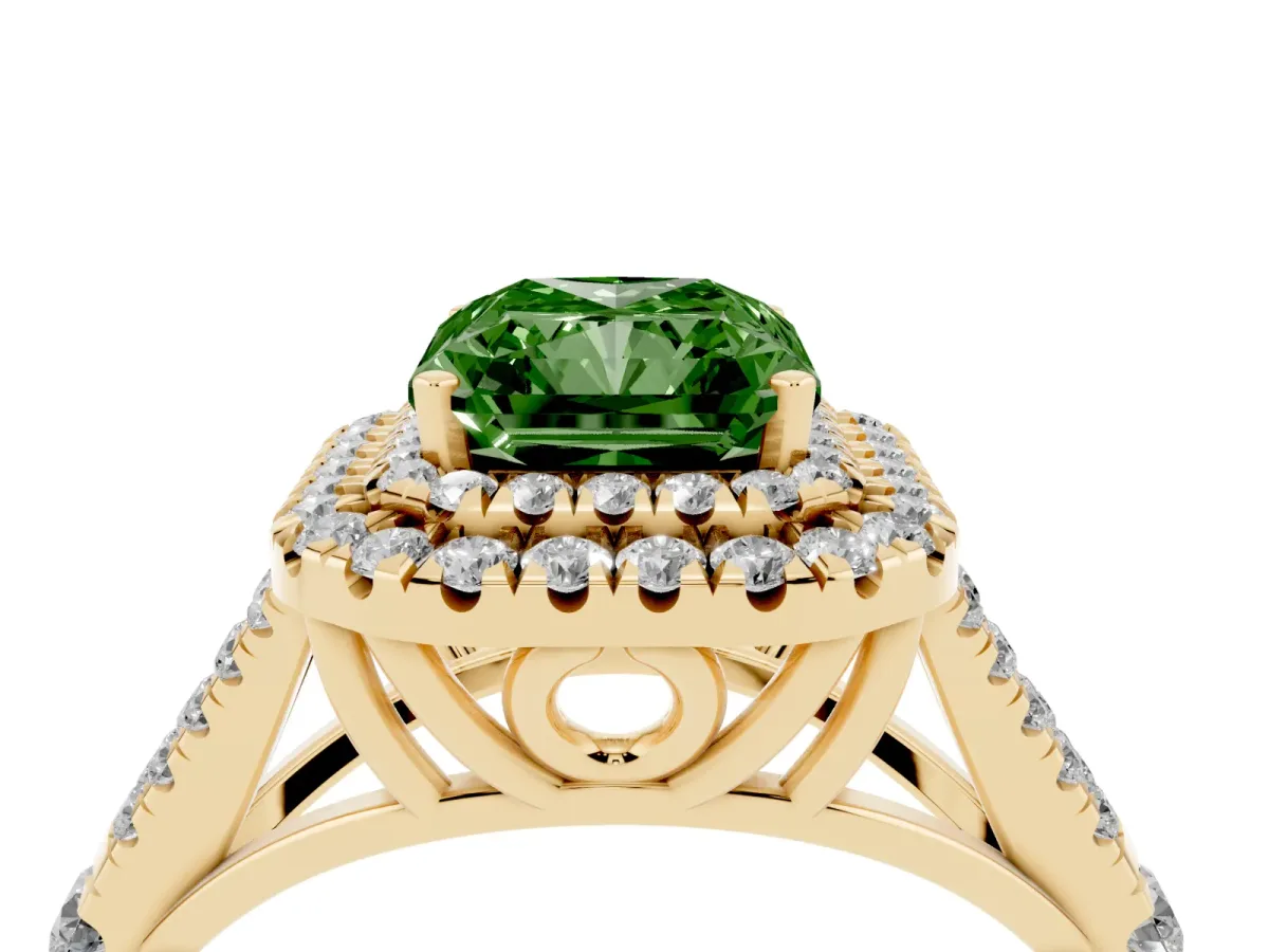 Fancy Green Radiant Cut Diamond Pavé Split Shank Double Halo Engagement Ring Yellow gold