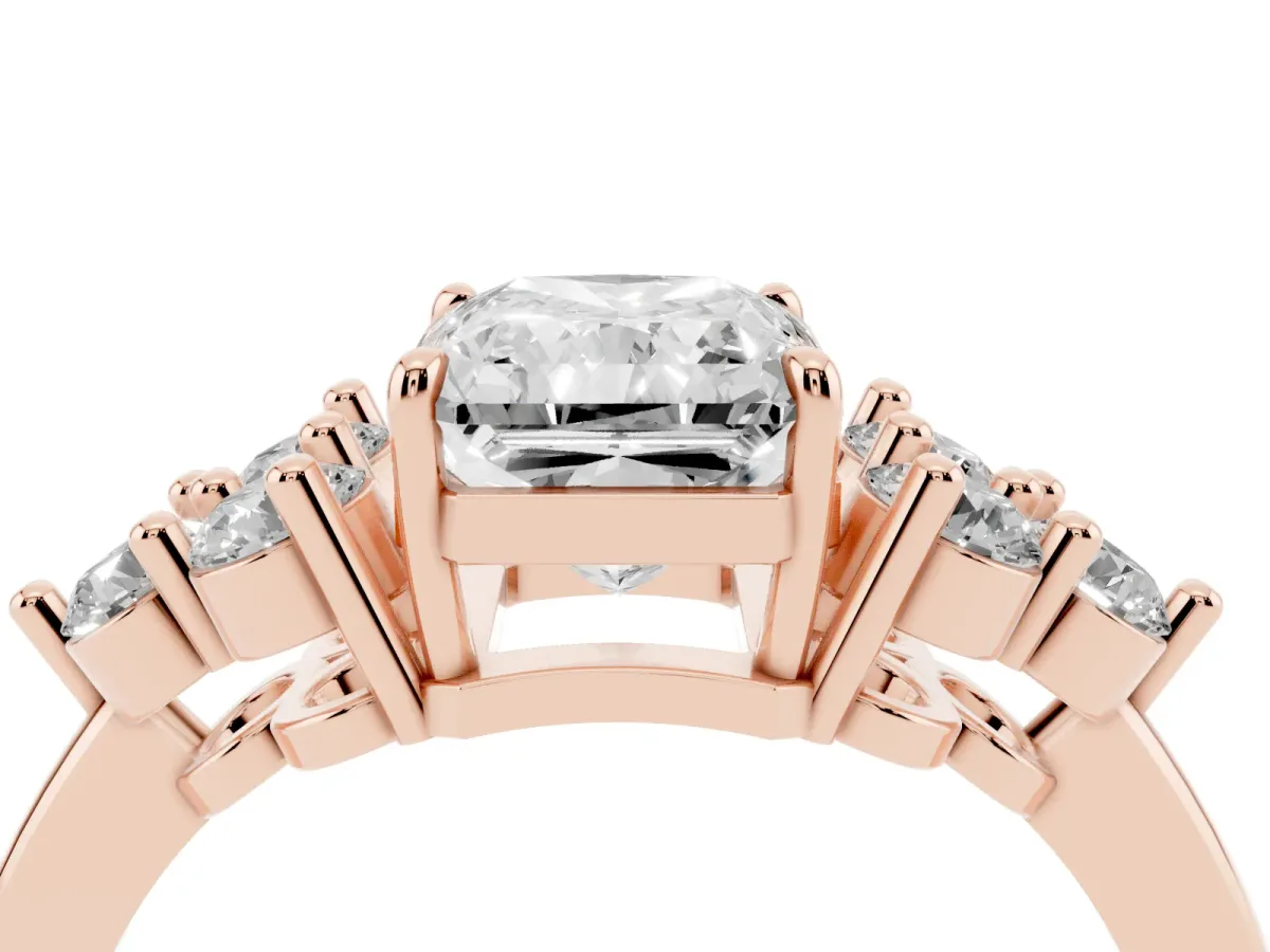 Radiant Cut Brilliant Diamond Cluster Accent Solitaire Ring with Prong Setting Rose gold