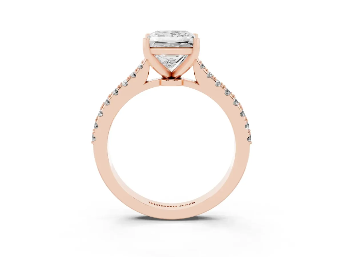 Princess Cut Cut Solitaire Diamond Engagement Ring with Pave Band and Four-Prong Setting Rose gold