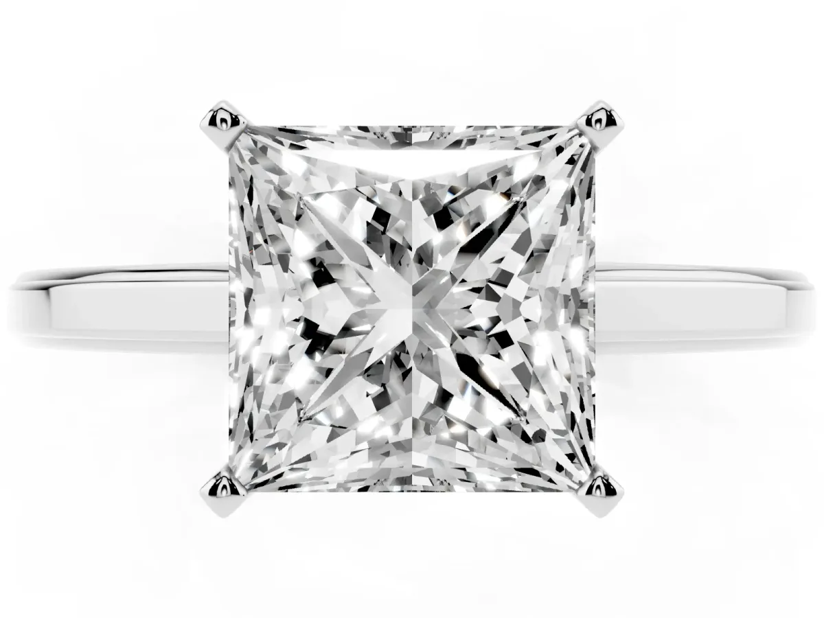 Princess Cut Solitaire Diamond Ring with Four-Prong Setting and Classic Band Platinum