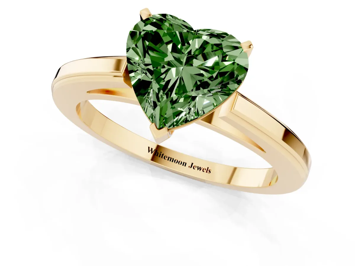 Fancy Green Heart Cut Solitaire Diamond Ring with Four-Prong Setting and Classic Band Yellow gold