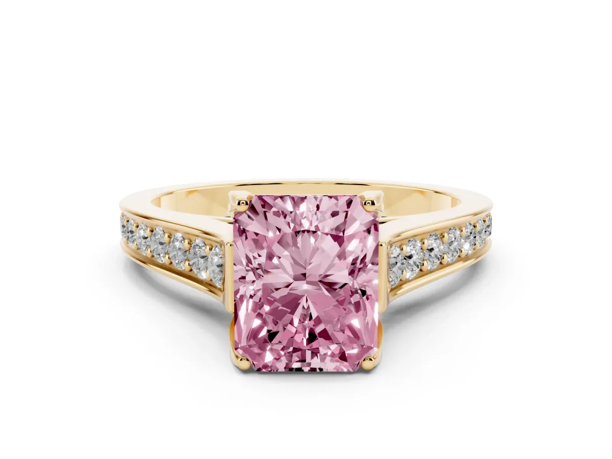 Fancy Pink Radiant Cut Brilliant Cut Diamond Engagement Ring with Pavé Band and Four-Prong Setting Yellow gold
