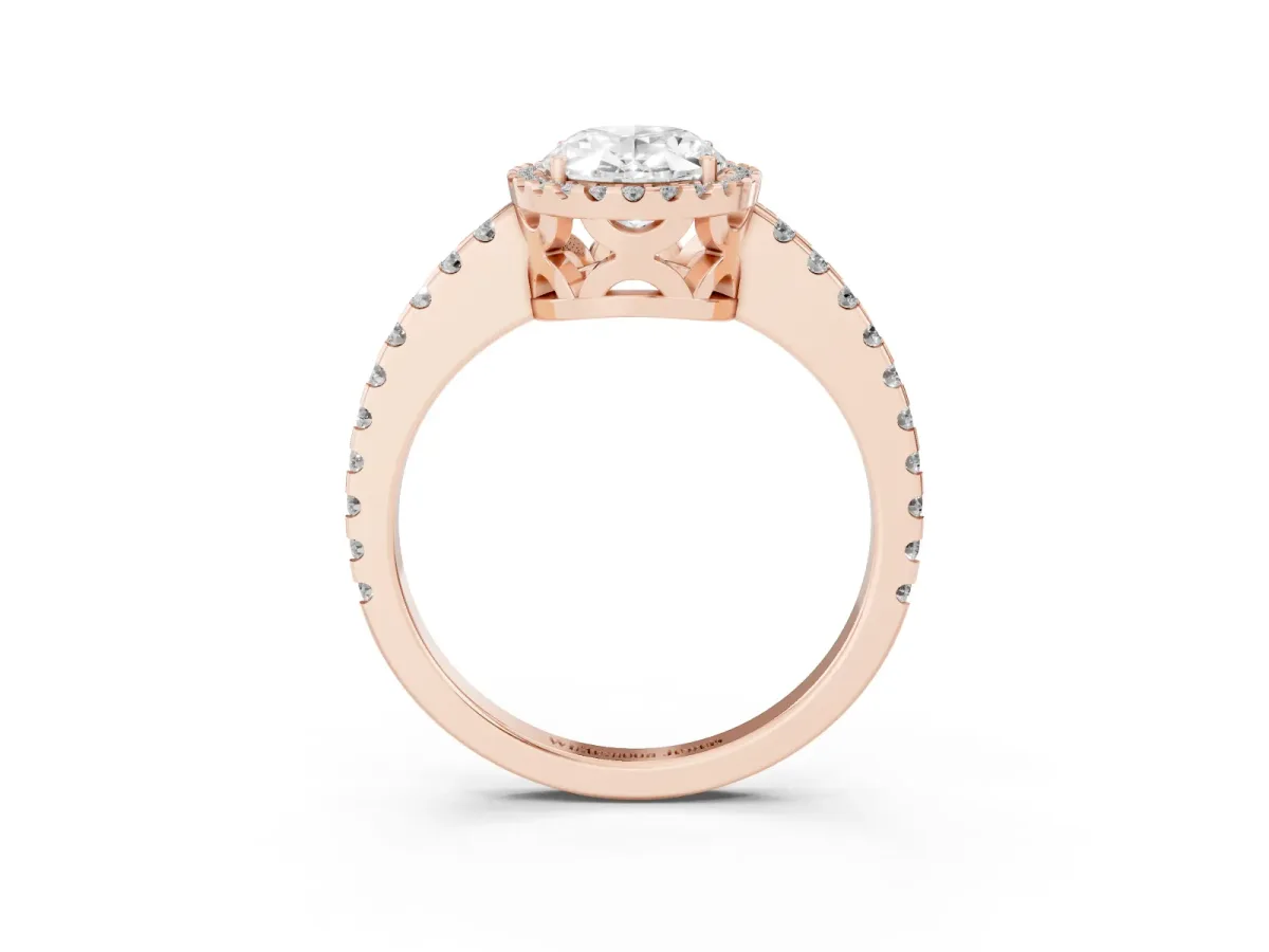 Oval Cut Diamond Halo Engagement Ring with Pavé Band and Prong Setting Rose gold