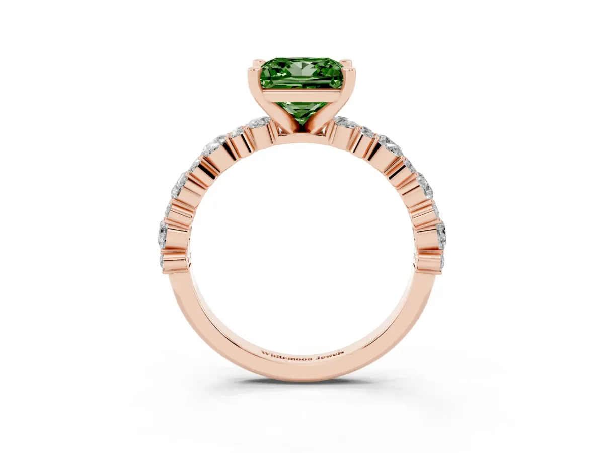 Fancy Green Princess Cut Diamond Side Stone Solitaire Ring with Round and Four-Prong Setting Rose gold