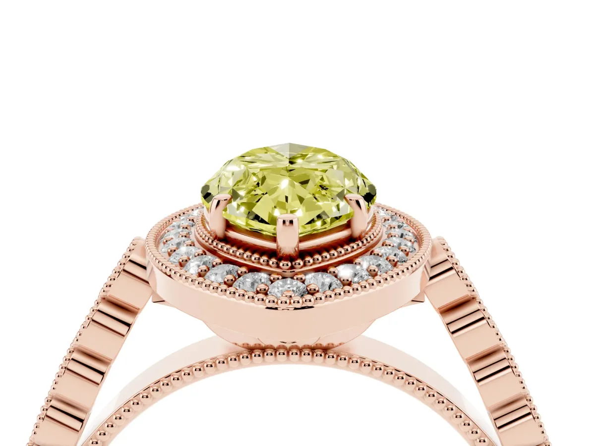 Fancy Yellow Marquise Cut Halo Milgrain Solitaire with Bezel Set Side Stones and Pave Band Rose gold