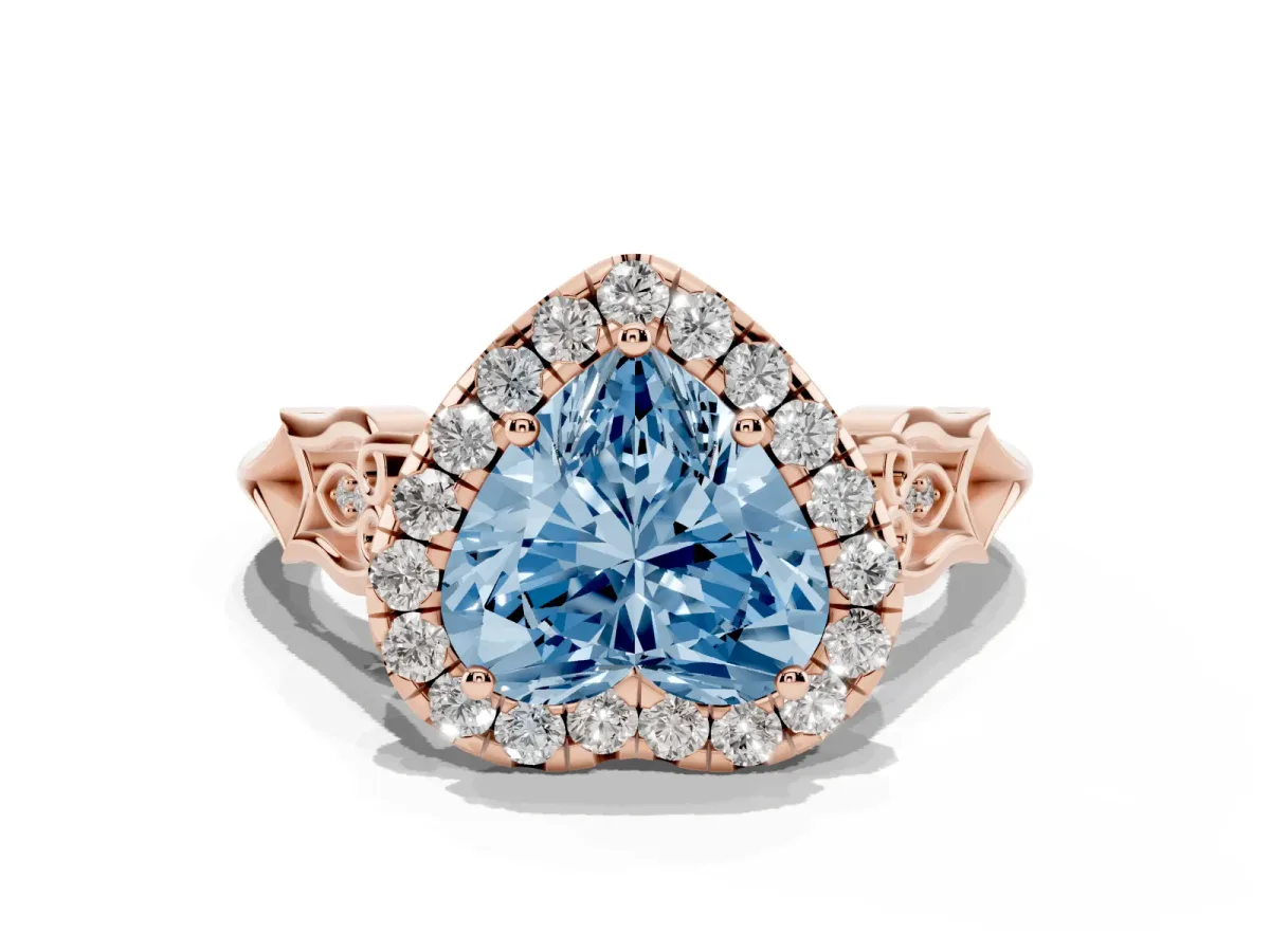 Fancy Blue Heart Cut Halo Diamond Engagement Ring with Filigree Band and Four-Prong Setting Rose gold