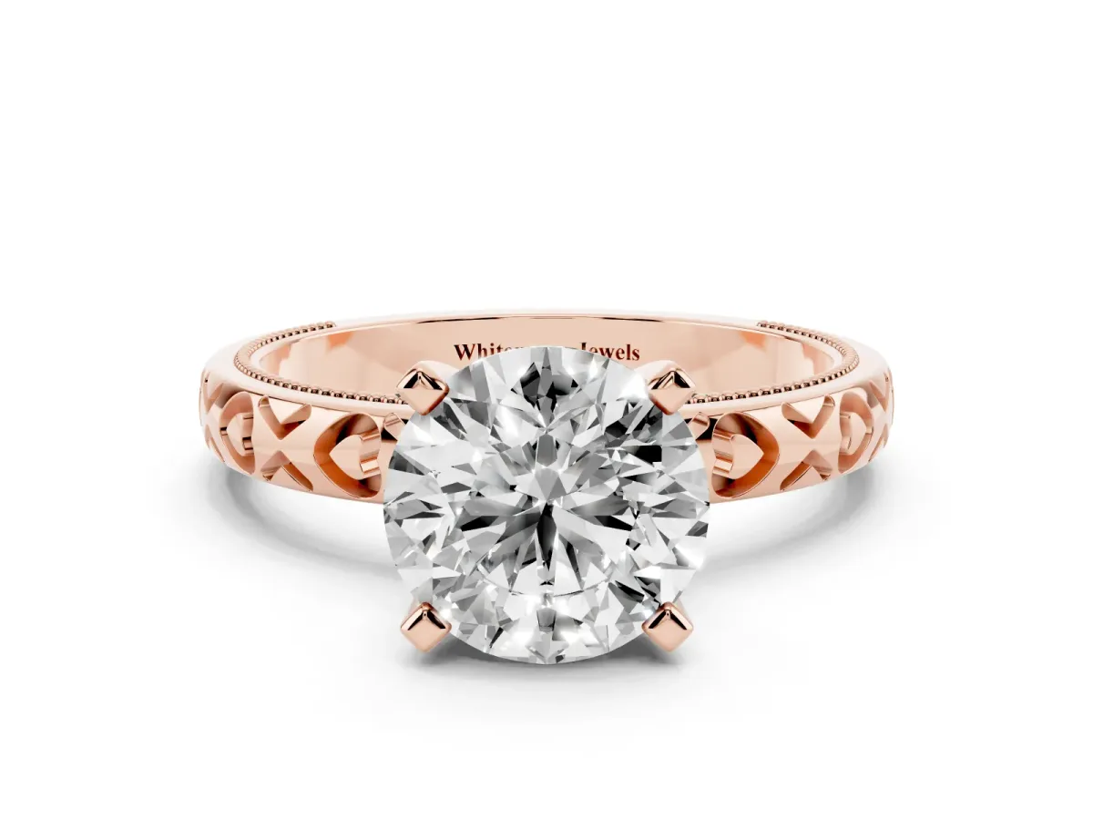 Round Cut Solitaire Diamond Engagement Ring with XO Engraved Band and Four-Prong Setting Rose gold