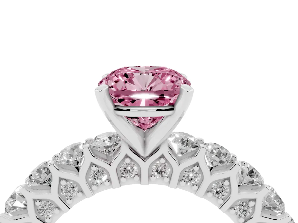 Fancy Pink Cushion Cut Diamond Solitaire Ring with Shared Prong Pavé Band and Four-Prong Setting Silver