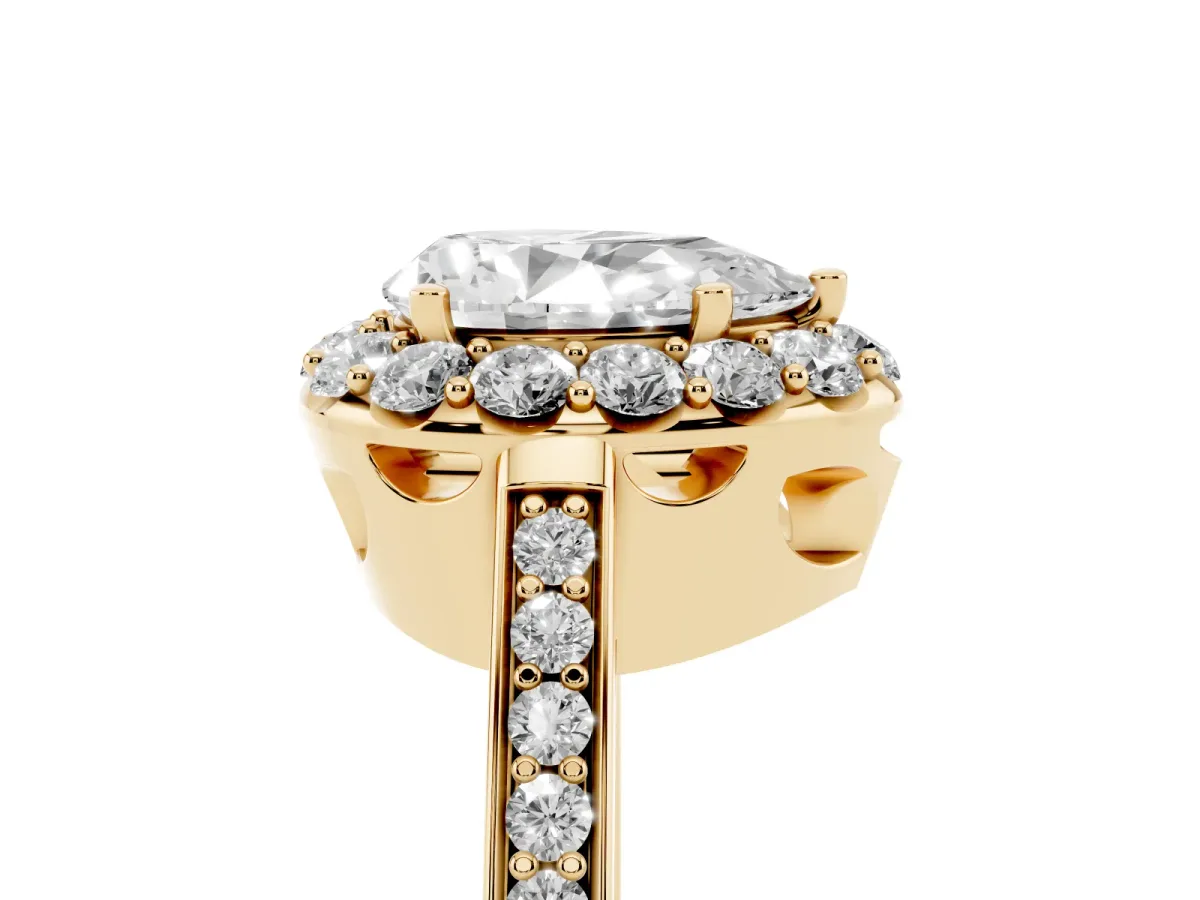 Pear Cut Diamond Floral Halo Ring with Pavé Band and Prong Setting Yellow gold
