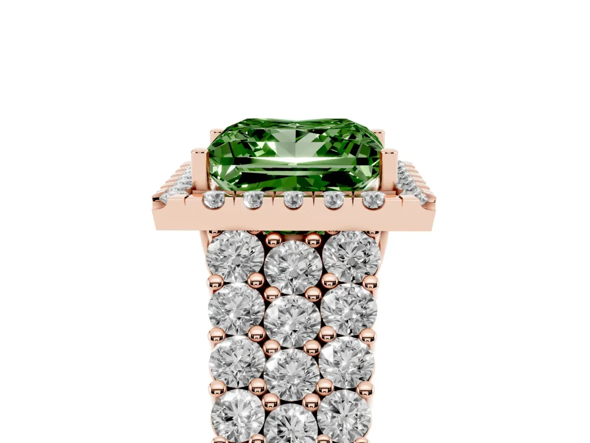 Fancy Green Princess Cut Diamond Halo Engagement Ring with Triple Row Round Pavé Band and Prong Setting Rose gold