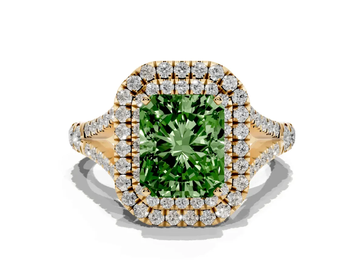 Fancy Green Double Halo Radiant Cut Diamond Split Shank Engagement Ring with Four-Prong Setting Yellow gold