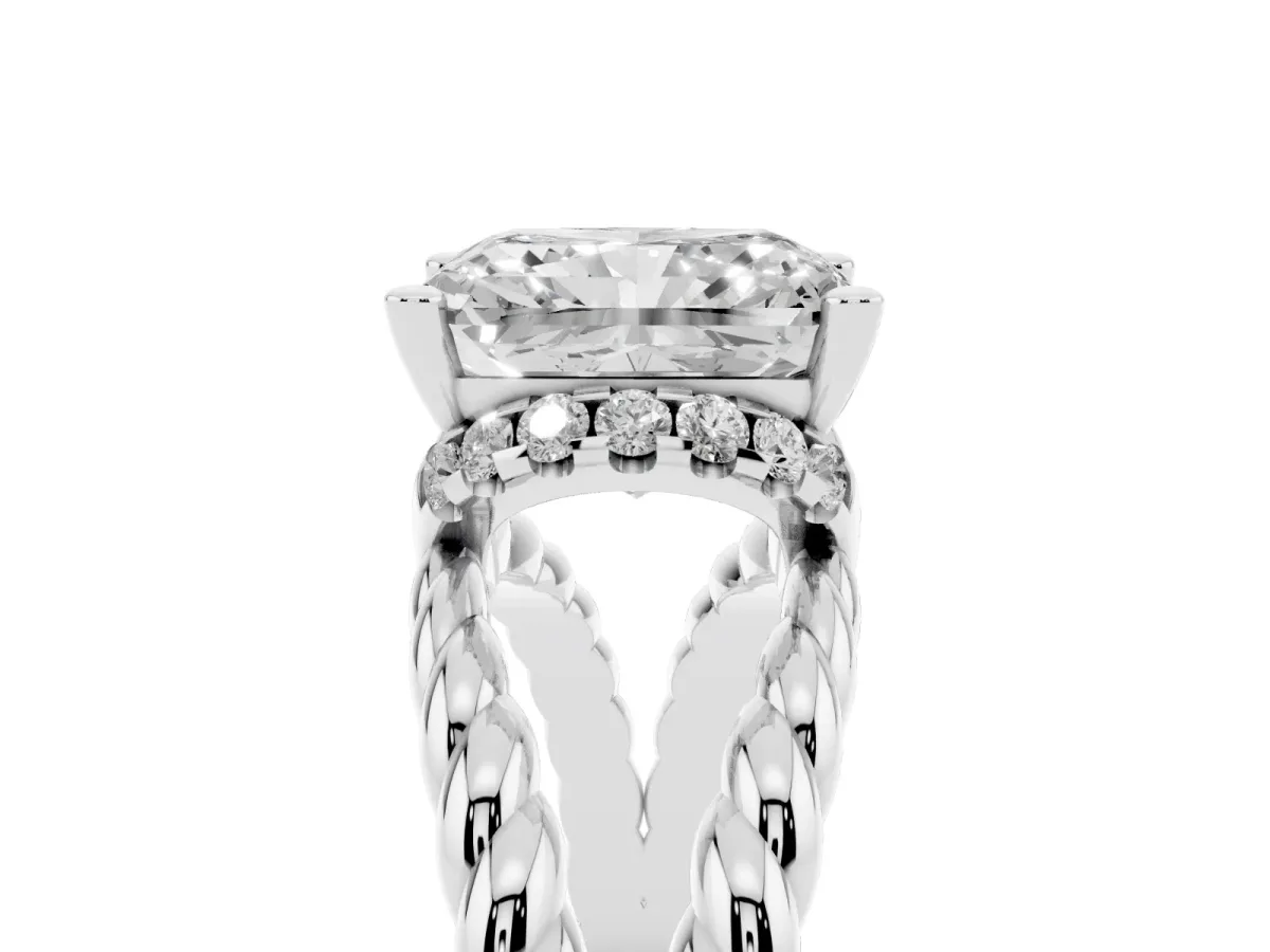 Radiant Cut Halo Twisted Band Four-Prong Ring Silver