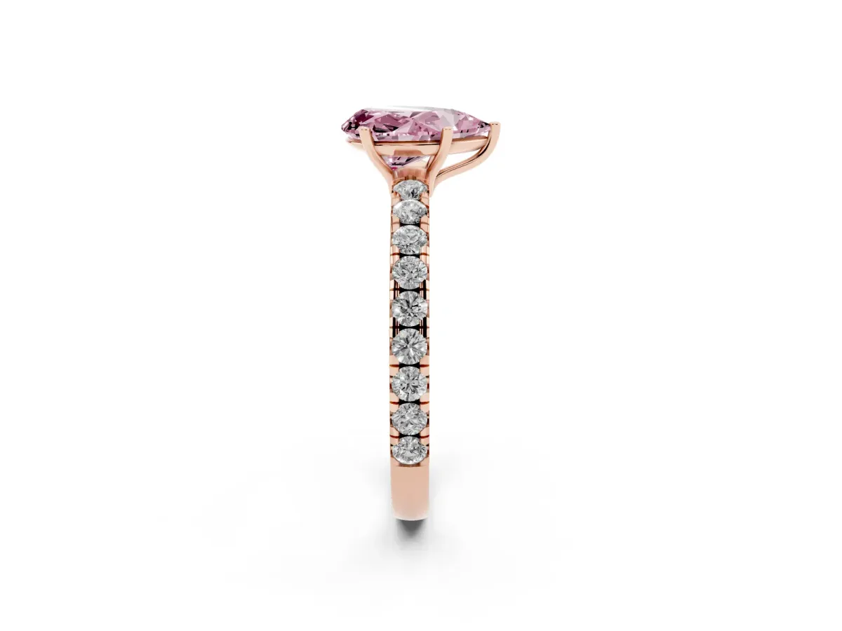 Fancy Pink Pear Cut Diamond Pavé Solitaire Engagement Ring with Four-Prong Setting Rose gold