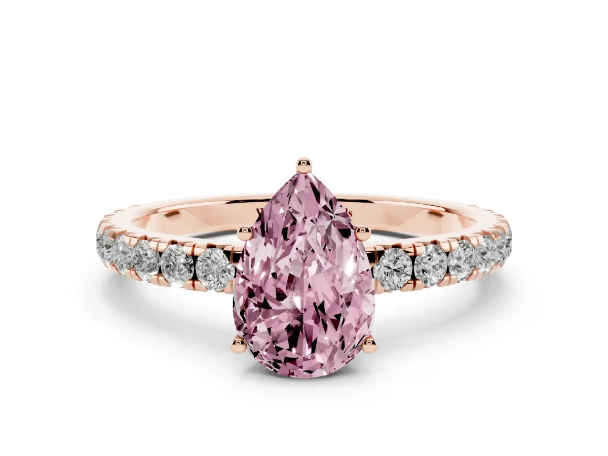Fancy Pink Pear Cut Diamond Pavé Solitaire Engagement Ring with Four-Prong Setting Rose gold