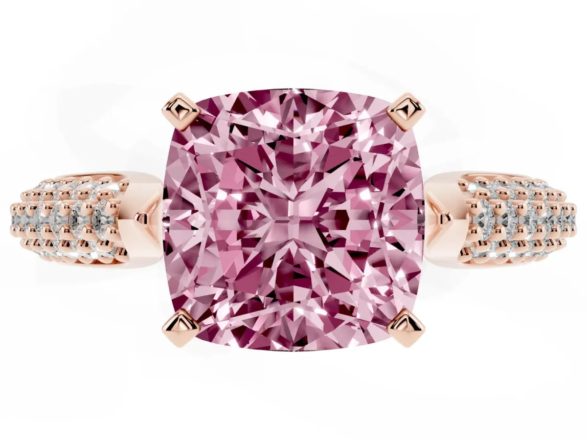 Fancy Pink Cushion Cut Diamond Solitaire Engagement Ring with Multi-Row Round Pavé Band and Prong Setting Rose gold