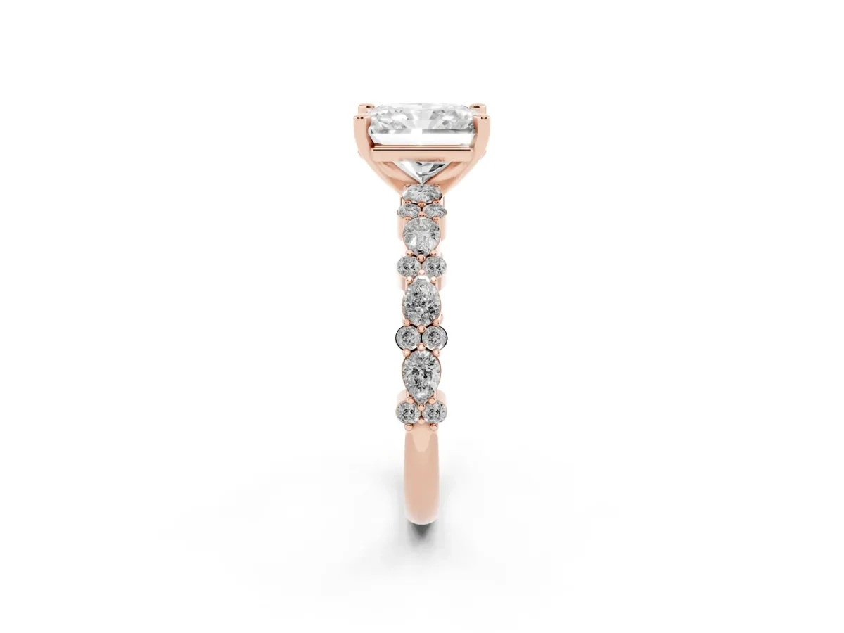Radiant Cut Diamond Side Stone Solitaire Ring with Round and Four-Prong Setting Rose gold