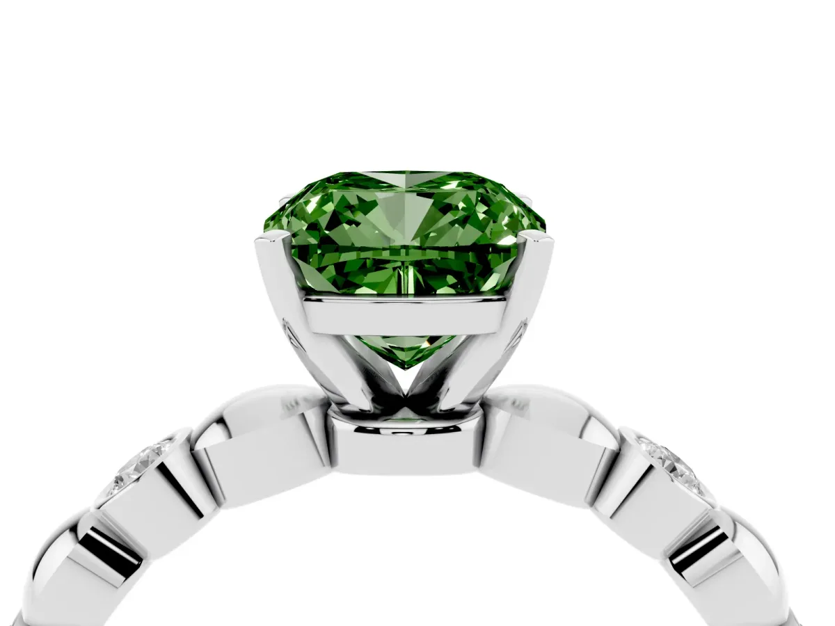 Fancy Green Cushion Cut Solitaire Bezel-Set Diamond Ring with Beaded Band and Four-Prong Setting Silver