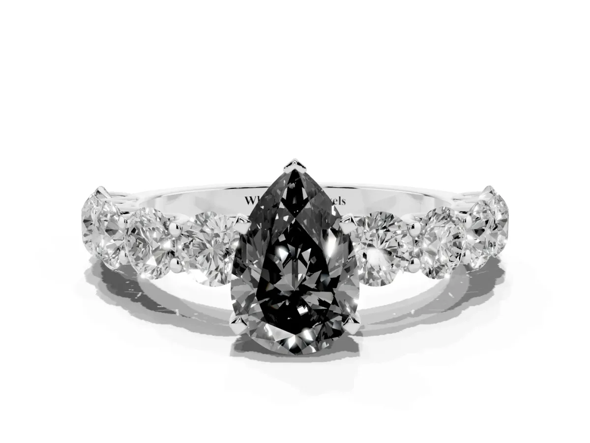 Fancy Black Pear Cut Diamond Prong Setting with Side Stones on a Pave Band Silver