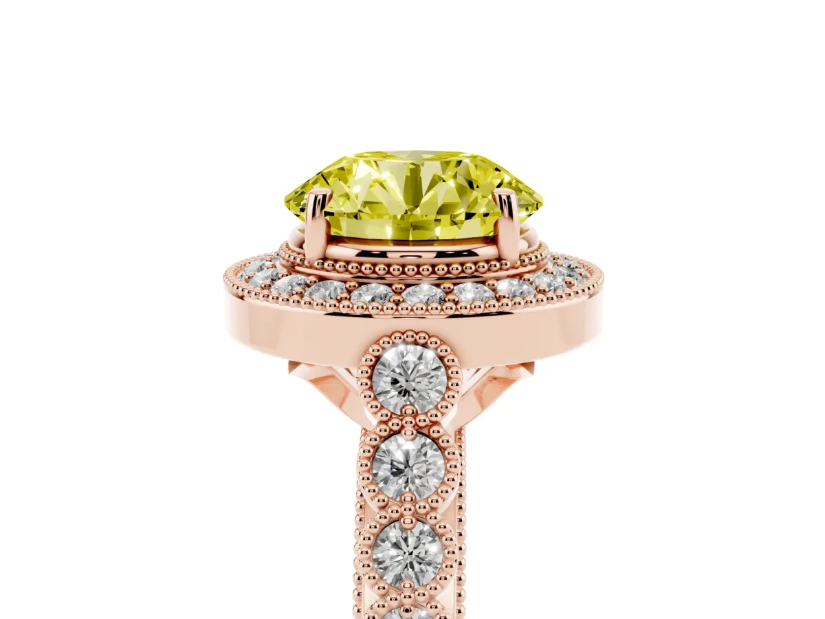 Fancy Yellow Round Cut Halo Milgrain Solitaire with Bezel Set Side Stones and Pave Band Rose gold