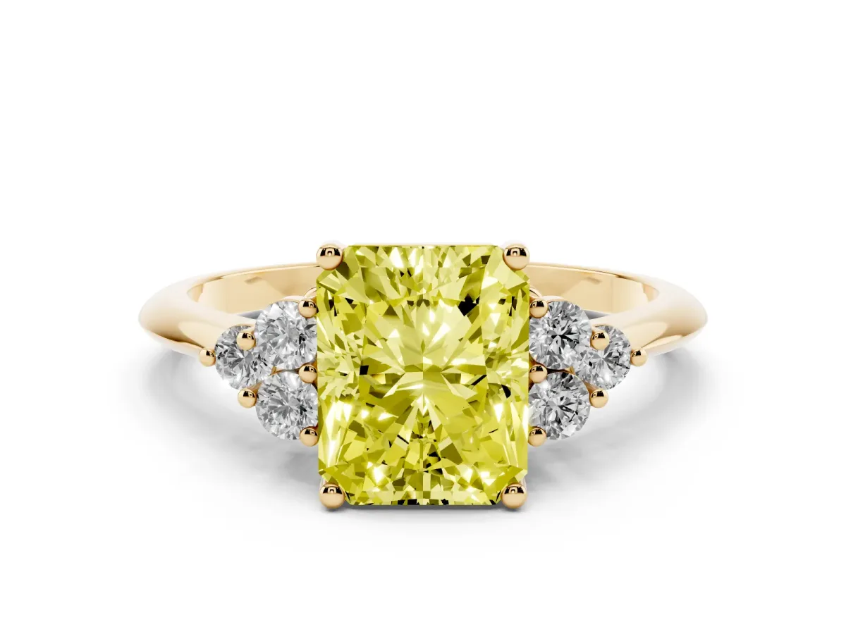 Fancy Yellow Radiant Cut Cut Diamond Cluster Ring with Solitaire Band and Four-Prong Setting Yellow gold