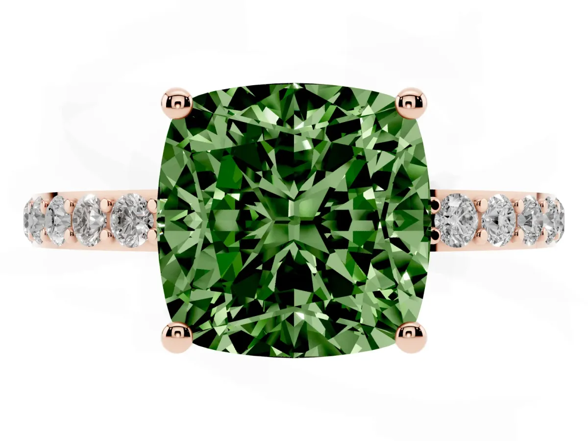 Fancy Green Cushion Cut Diamond Solitaire Ring with Round Pavé Shoulders and Prong Setting Rose gold
