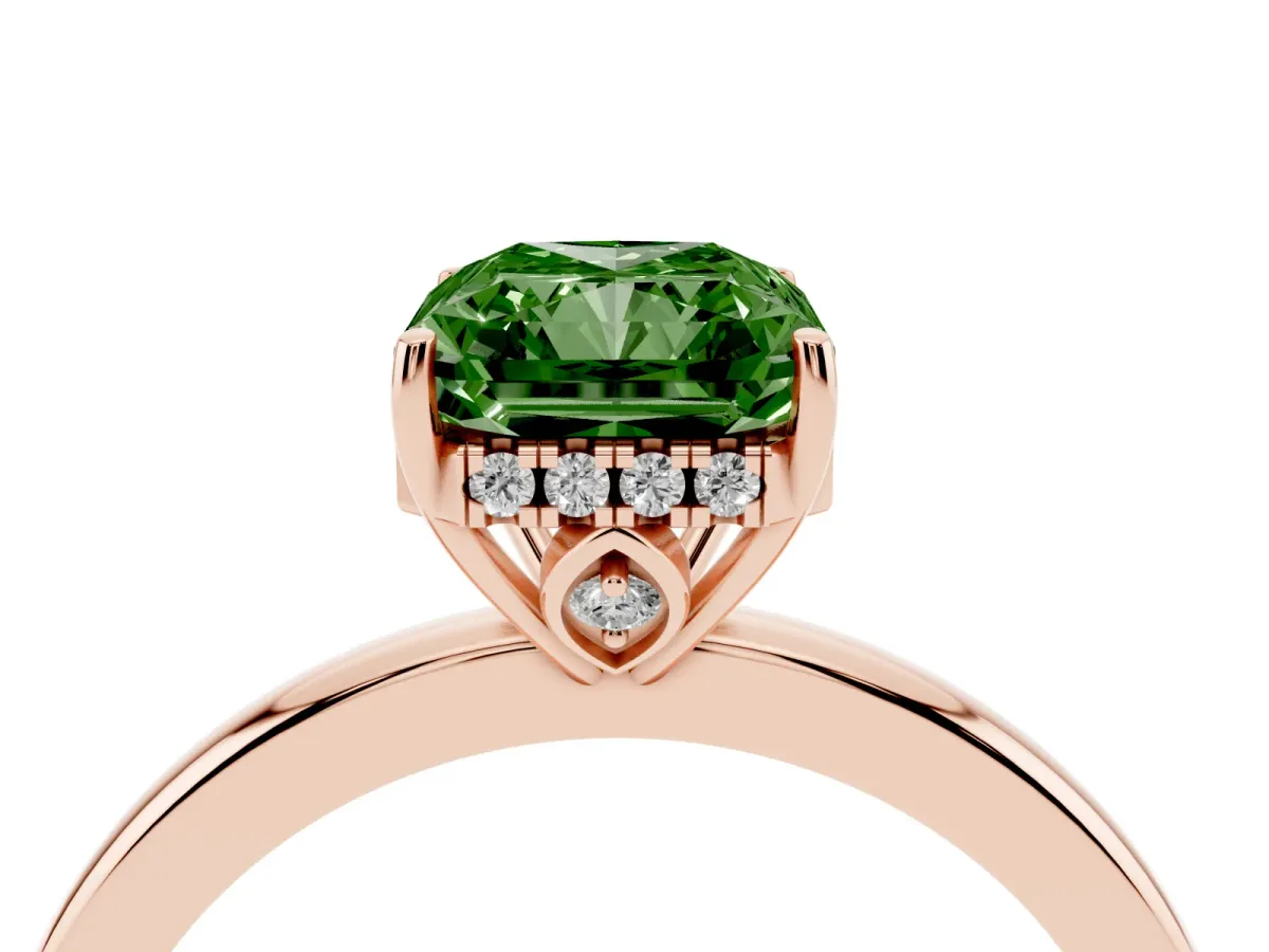 Fancy Green Radiant Cut Solitaire Diamond Ring with Prong Setting and Plain Band Rose gold