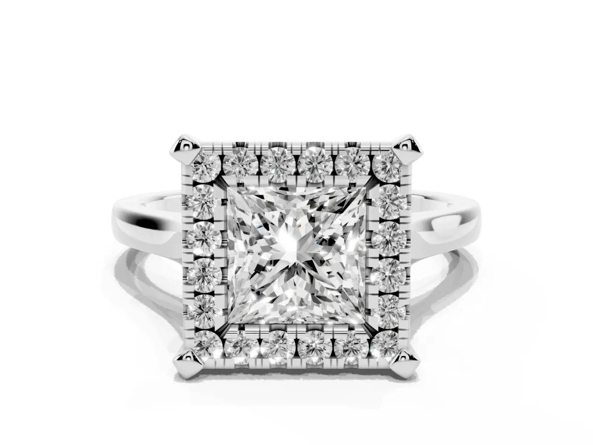 Princess Cut Diamond Cluster Halo Solitaire with Four-Prong Setting Silver