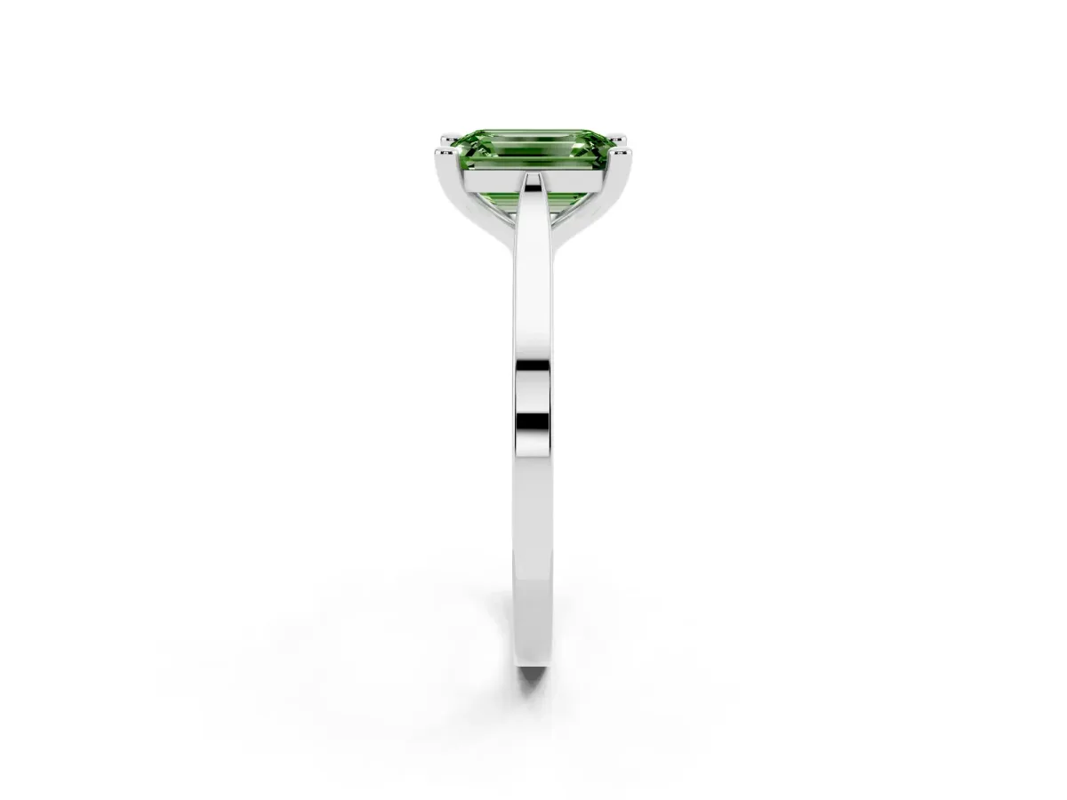 Fancy Green Emerald Cut Solitaire Diamond Ring with Four-Prong Setting and Tapered Band Silver