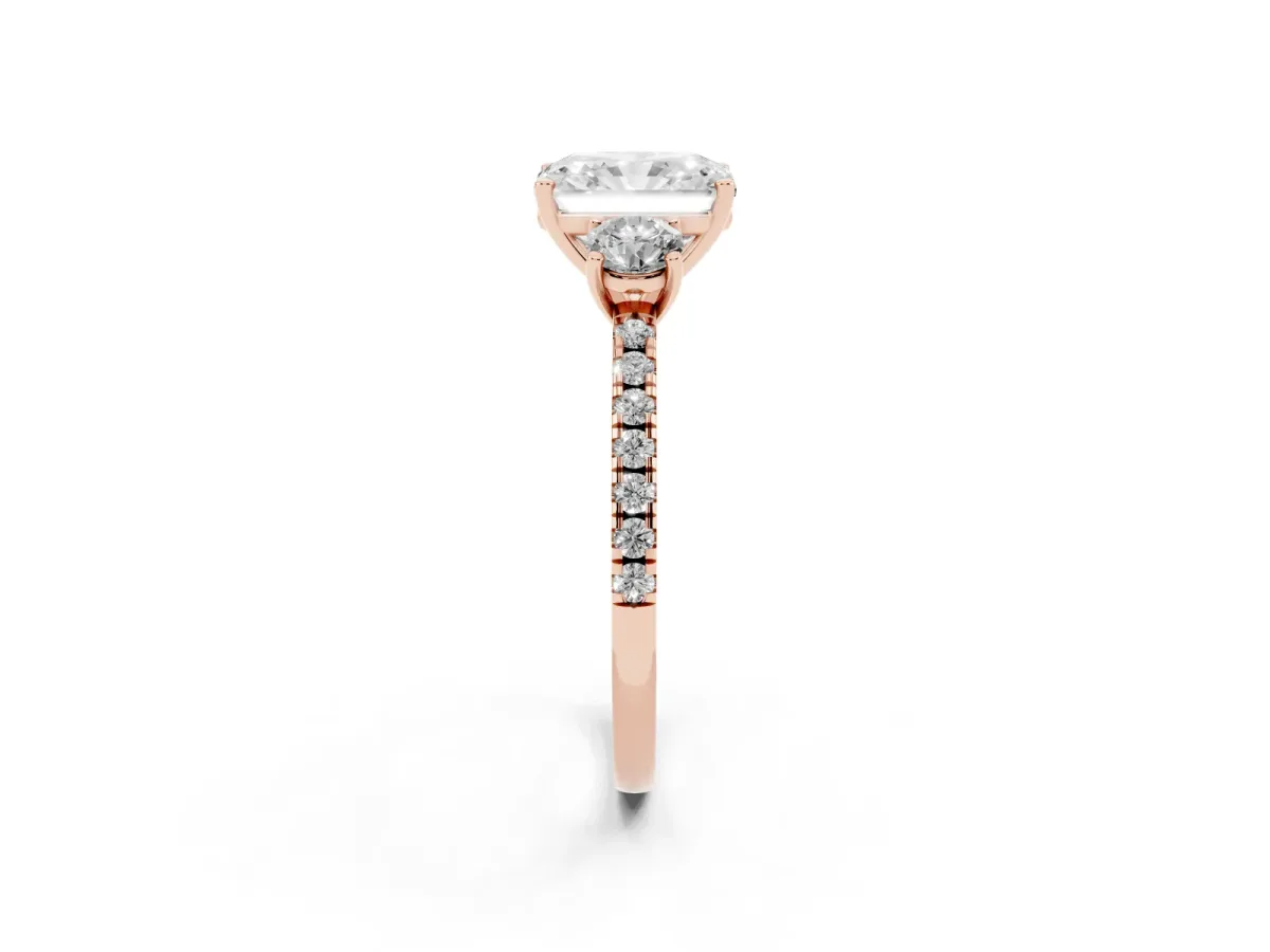 Three-Stone Radiant Cut Cut Diamond Pavé Band with Prong Setting Rose gold