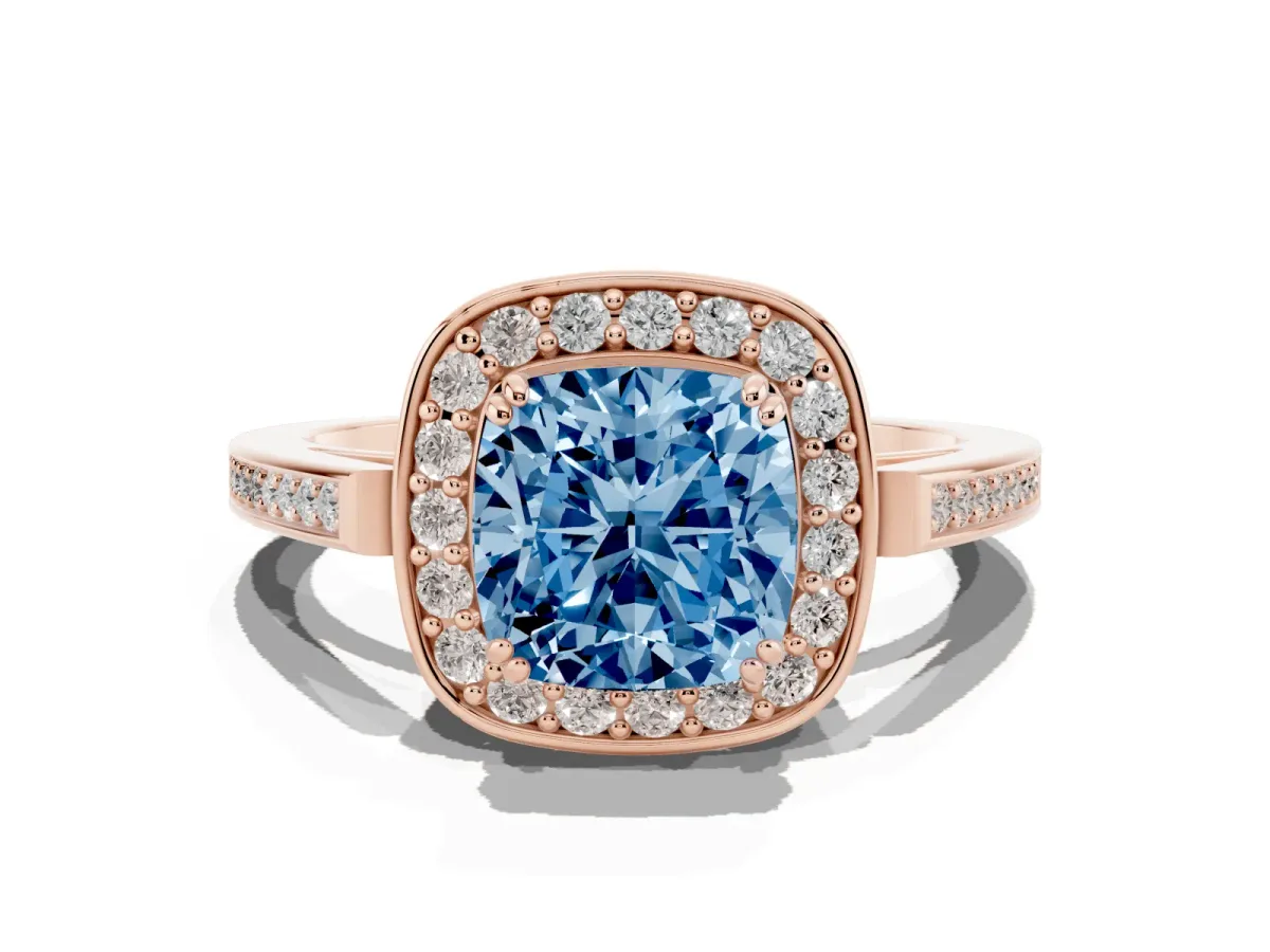 Fancy Blue Cushion Cut Diamond Halo Ring with Split Shank and Four-Prong Setting Rose gold