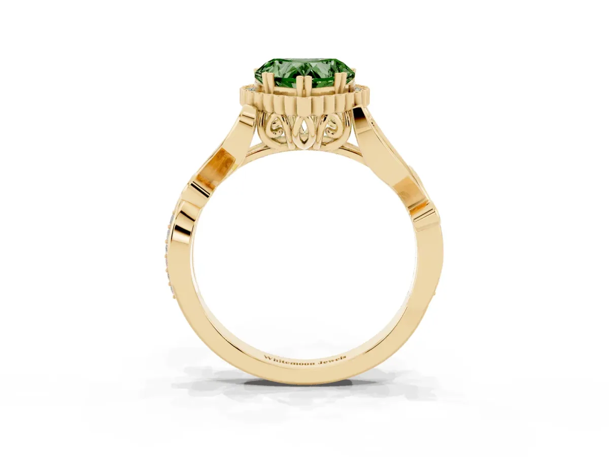 Fancy Green Heart Cut Diamond Halo Ring with Vintage Split Shank and Four-Prong Setting Yellow gold